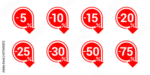 Sale tag set with arrow down and different percentage - 5, 10, 15, 20, 25, 30 50 and 75 - vector elements