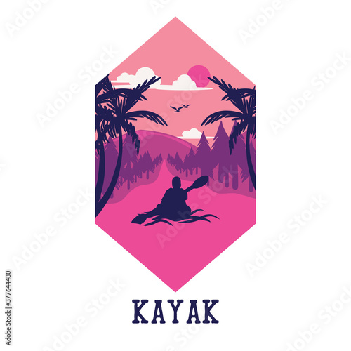 vector illustration kayak with river scenery and kayaking man floating on the river flat illustration