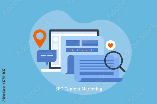 Content marketing and seo optimization for online business website. Engaging content and website seo technology, increasing traffic, social media marketing  concept.  Seo content writing, blogging.