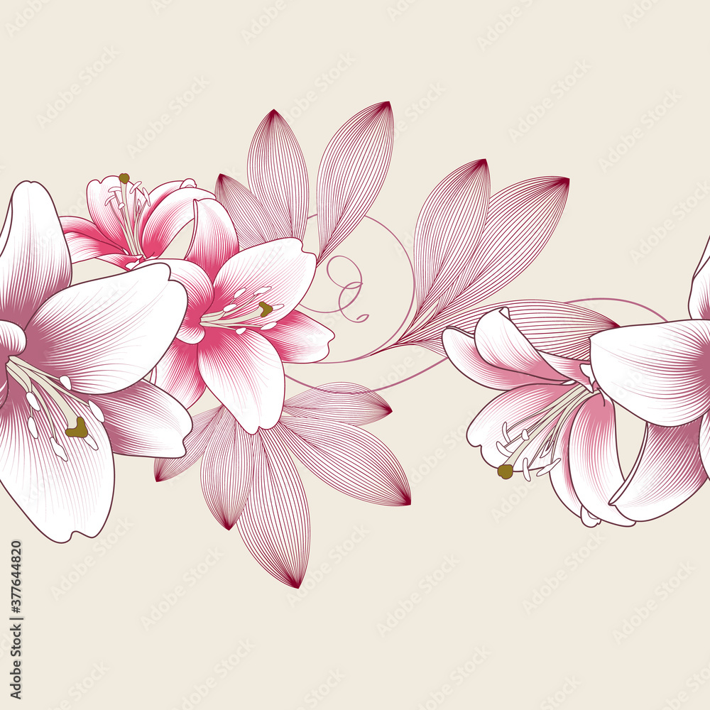Floral seamless pattern with flowers of lilies. Vector illustration.