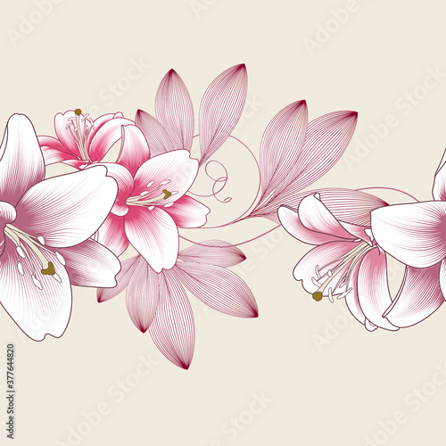 Floral seamless pattern with flowers of lilies. Vector illustration.