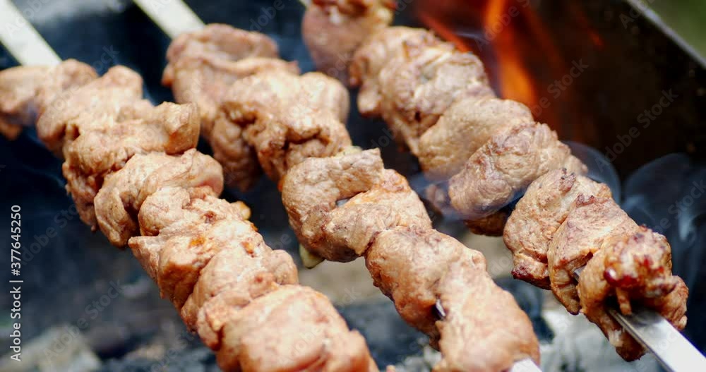 Fragrant kebab on skewers with flames of fire and smoke. Fragrant kebab on skewers with flames of fire and smoke.