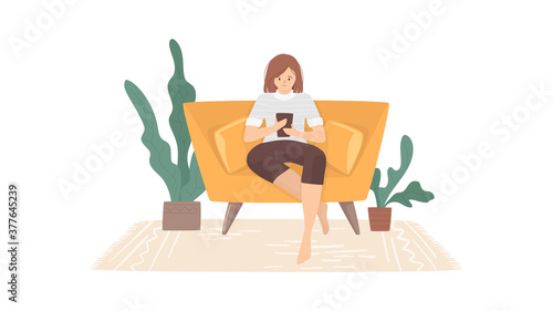Concentrated woman sitting in the chair and watching in Smartphone. Social dependency concept template. Domestic room with house plants isolated on white background. Girl using a gadget.