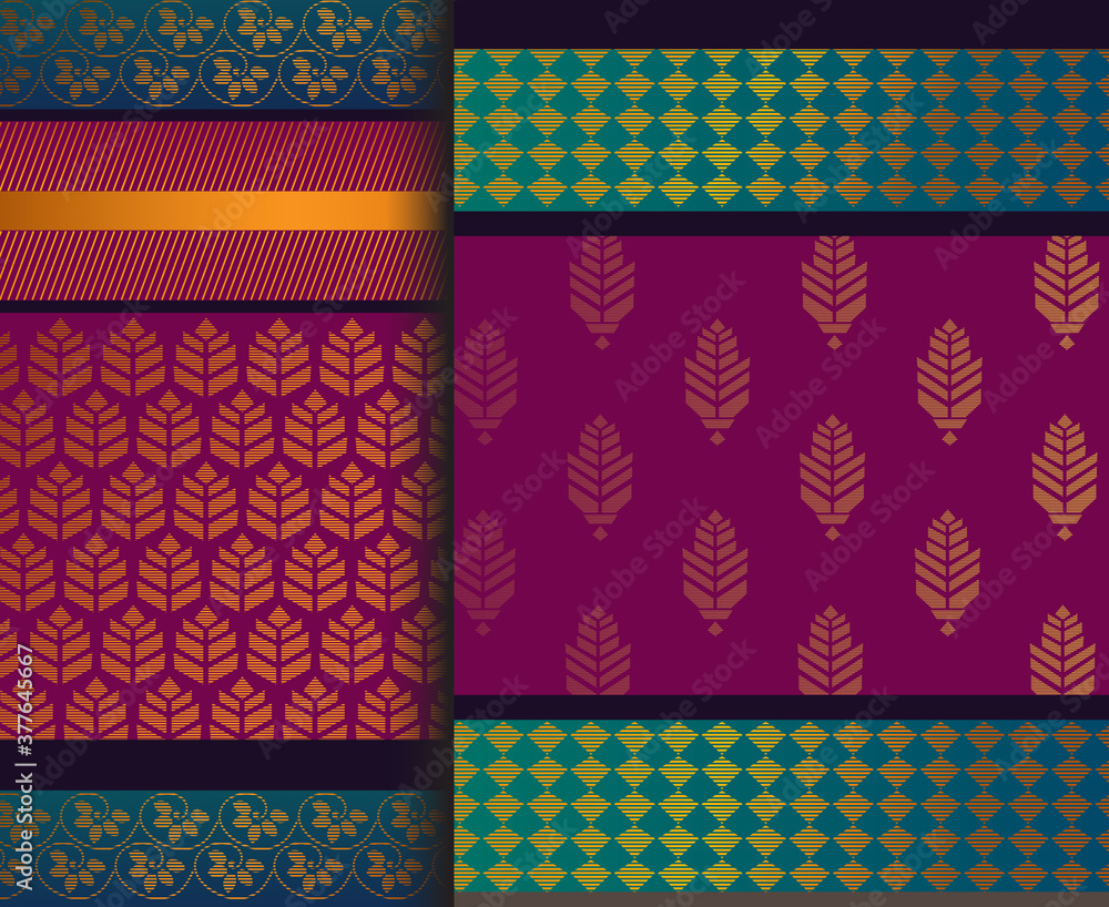 Indian Pattu Sari Vector pattern set. Traditional handmade Indian silk sari /saree with golden details, woman wear on festival, ceremony, and weddings.