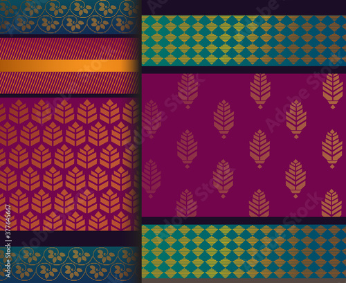 Indian Pattu Sari Vector pattern set. Traditional handmade Indian silk sari /saree with golden details, woman wear on festival, ceremony, and weddings.