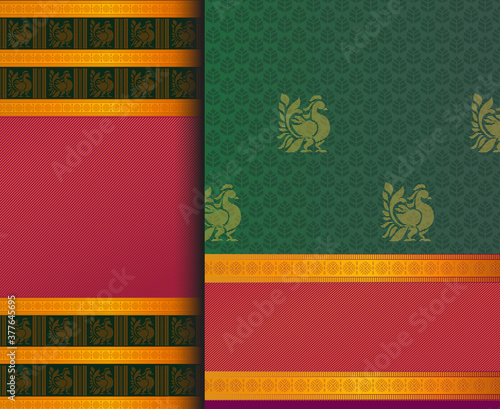 Indian Pattu Sari Vector pattern set. Traditional handmade Indian silk sari /saree with golden details, woman wear on festival, ceremony, and weddings.