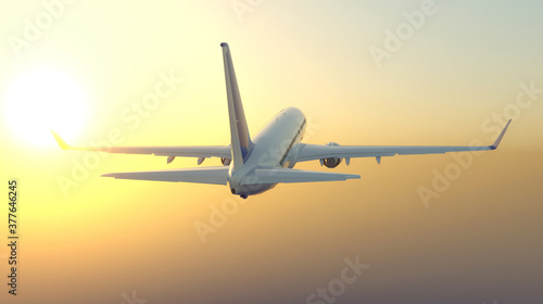 Commercial airplane flying in sunset light. Concept of fast travel. 3D illustration.