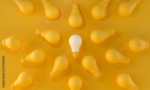 Light Bulb Standing Out From the Crowd on yellow background. ideas and creativity concept. 3d rendering.