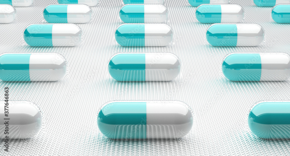Packed сapsule tablets. Medical concept background. Pharmaceutical background. 3d illustration.