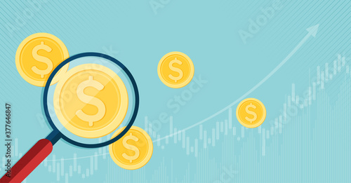 Financial investment and management by using a magnifying glass search for gold coins. cartoon design.
