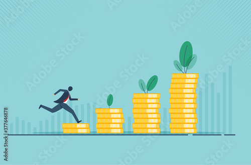 Financial growth concept with golden coin. concept of monetary collection or strategy of profit or benefit making in business to win. cartoon design.