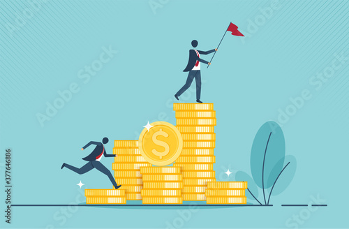 Financial growth concept with golden coin. concept of monetary collection or strategy of profit or benefit making in business to win. cartoon design.