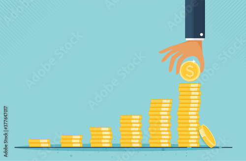 Financial growth concept with stacks of golden coins. concept of monetary collection or strategy of profit or benefit making in business to win. cartoon design.