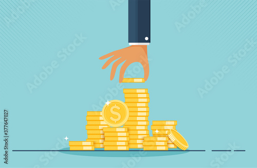 Financial growth concept with stacks of golden coins. concept of monetary collection or strategy of profit or benefit making in business to win. cartoon design.