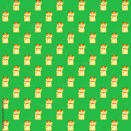light brown cat standing and waving hand with green background repeat pattern