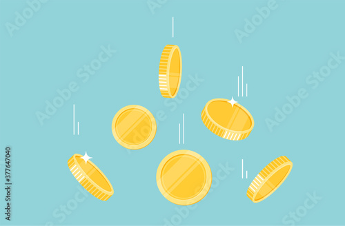 Gold coins money falling on the ground illustration, flat style flying. cartoon design.