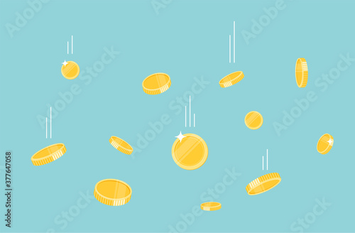 Gold coins money falling on the ground illustration, flat style flying. cartoon design.