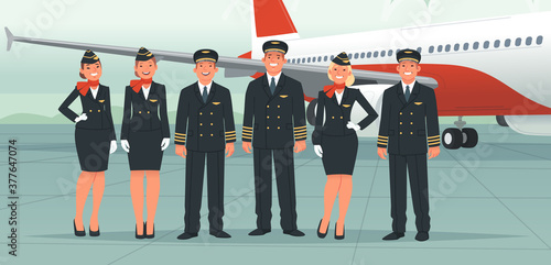 Airplane pilots, flight attendants, airline employees. The crew on the background of a passenger plane. Stewardesses and flight engineer