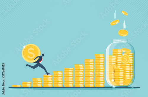 Bussinessman run for money glass money jar full of gold coins. Growth, income, savings, investment. Symbol of wealth. Business success. cartoon design.
