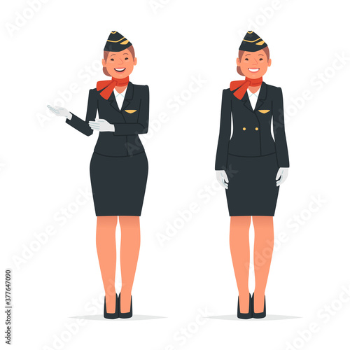 Stewardess in two poses on a white background. A woman flight attendant invites you to take your seats on the airplane