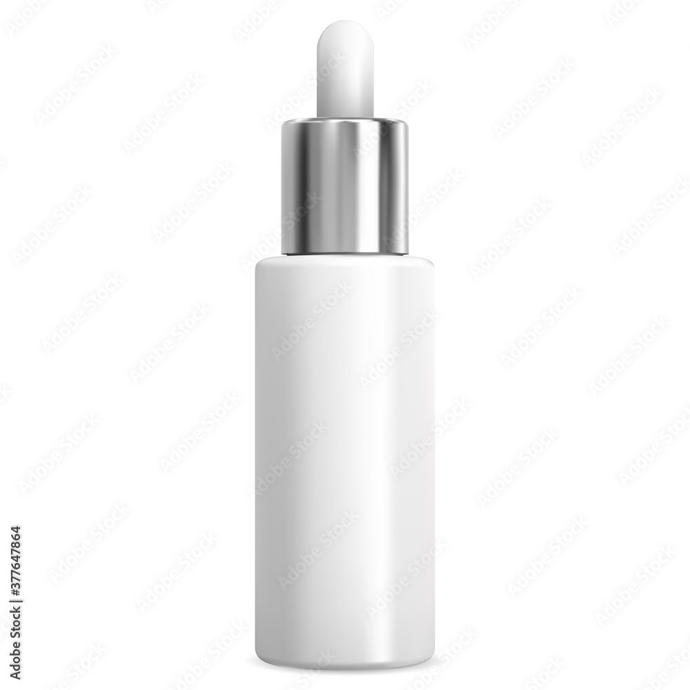 Dropper bottle for eye serum. Essential oil vial white blank for liquid face care treatment. Luxury container with pipette for collagen. Medical product flask with silver metal eyedropper Dropper bottle for eye serum. Essential oil vial white blank for liquid face care treatment. Luxury container with pipette for collagen. Medical product flask with silver metal eyedropper