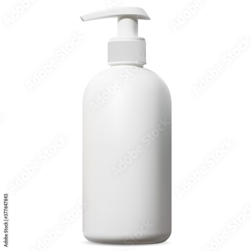 White dispenser bottle. Cosmetic packaging with pump for shampoo, shave foam or body shower gel. Isolated hand disinfectant template illustration. Liquid soap container mockup for sanitary