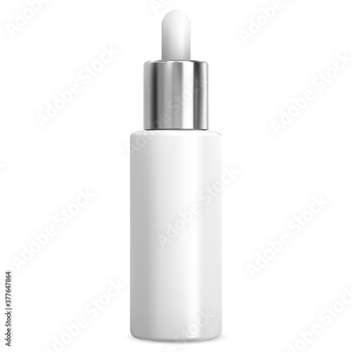 Dropper bottle for eye serum. Essential oil vial white blank for liquid face care treatment. Luxury container with pipette for collagen. Medical product flask with silver metal eyedropper