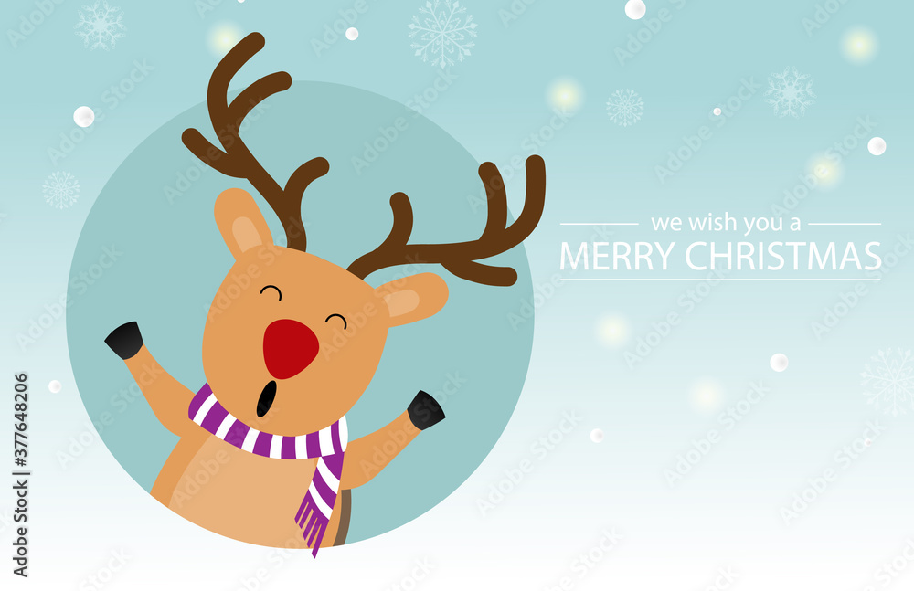 Merry Christmas and happy new year with cute reindeer in green background. Holidays cartoon character vector