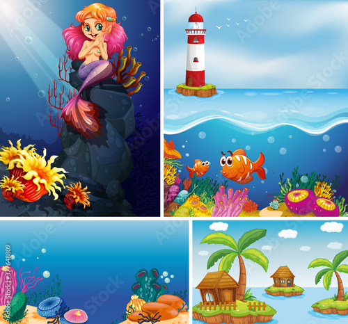 Four different scene of tropical beach and mermaid underwater with sea create...