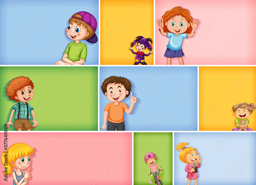 Set of different kid characters on different color background