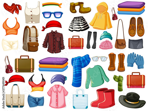 Set of fashion outfits and accessories on white background