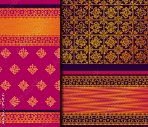 Indian Pattu Sari Vector pattern set. Traditional handmade Indian silk sari /saree with golden details, woman wear on festival, ceremony, and weddings.