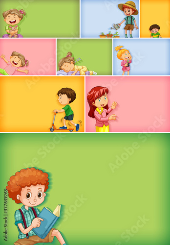 Set of different kid characters on different color background