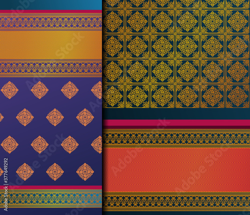 Indian Pattu Sari Vector pattern set. Traditional handmade Indian silk sari /saree with golden details, woman wear on festival, ceremony, and weddings.