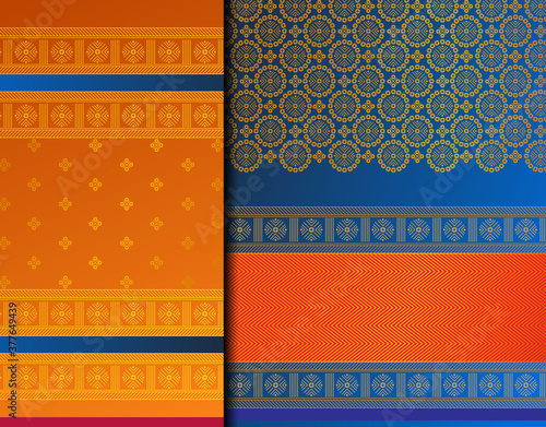 Indian Pattu Sari Vector pattern set. Traditional handmade Indian silk sari /saree with golden details, woman wear on festival, ceremony, and weddings.