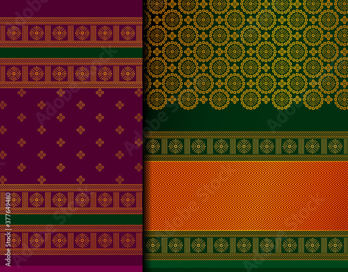 Indian Pattu Sari Vector pattern set. Traditional handmade Indian silk sari /saree with golden details, woman wear on festival, ceremony, and weddings.