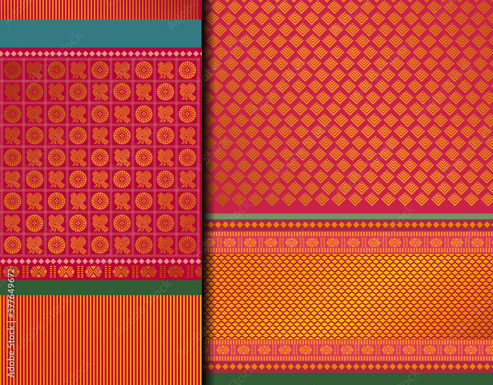 Indian Pattu Sari Vector pattern set. Traditional handmade Indian silk sari  /saree with golden details, woman wear on festival, ceremony, and weddings.  vector de Stock | Adobe Stock