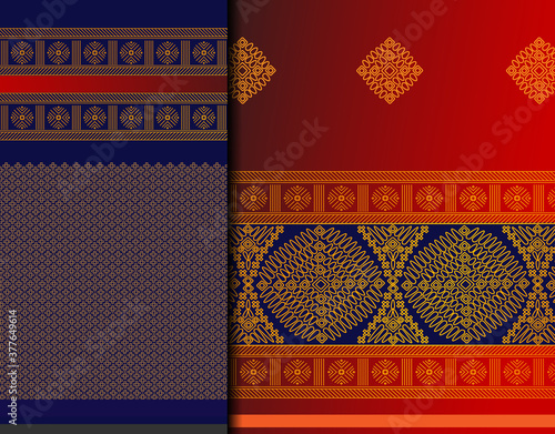 Indian Pattu Sari Vector pattern set. Traditional handmade Indian silk sari /saree with golden details, woman wear on festival, ceremony, and weddings.