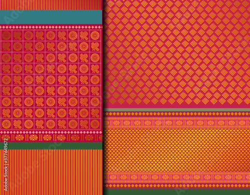 Indian Pattu Sari Vector pattern set. Traditional handmade Indian silk sari /saree with golden details, woman wear on festival, ceremony, and weddings.