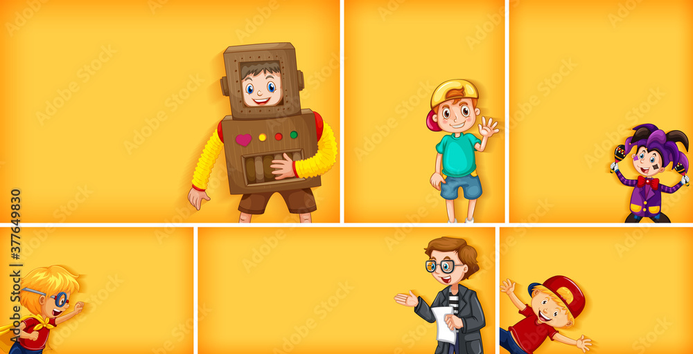 Fototapeta premium Set of different kid characters on yellow color background