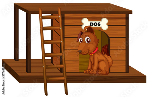 Dog house with cute dog sitting isolated