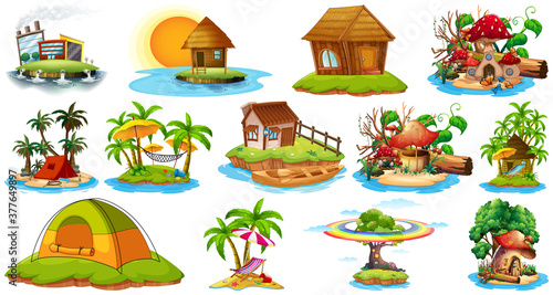 Set of different bangalows and island beach theme and amusement park isolated on white background