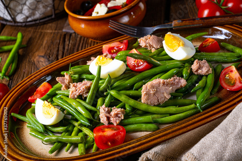 Rustic green bean salad with egg and tuna