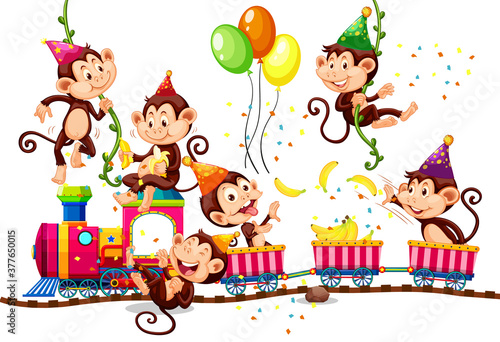 Monkey group in party theme isolated on white background