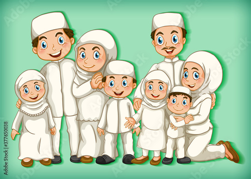 Muslim family member on cartoon character colour gradient background