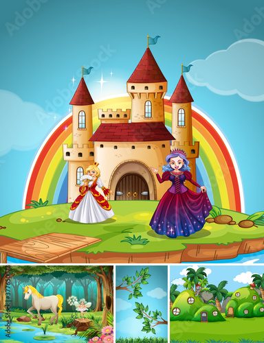 Four different scene of fantasy world with fantasy places and fantasy characters