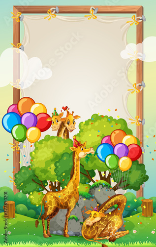 Canvas wooden frame template with giraffes in party theme on forest background