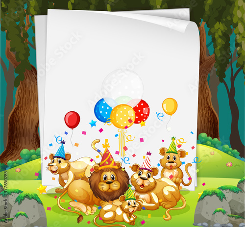 Blank banner with many lions in party theme photo