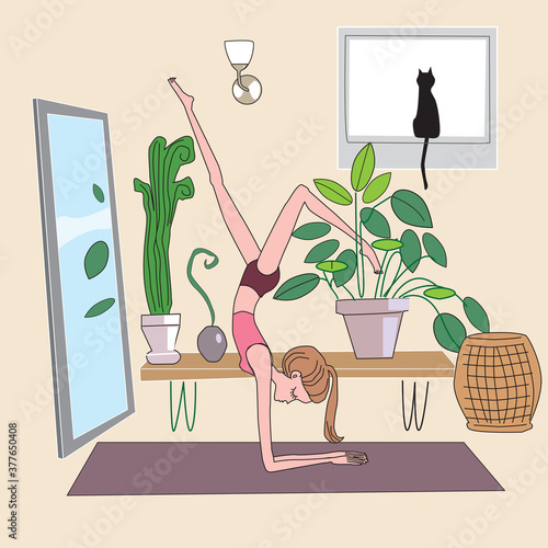 Young beautiful girl is engaged in yoga at home. The woman is standing in a pose. The concept of a healthy lifestyle and home yoga in a modern interior. Vector illustration. Vector illustration
