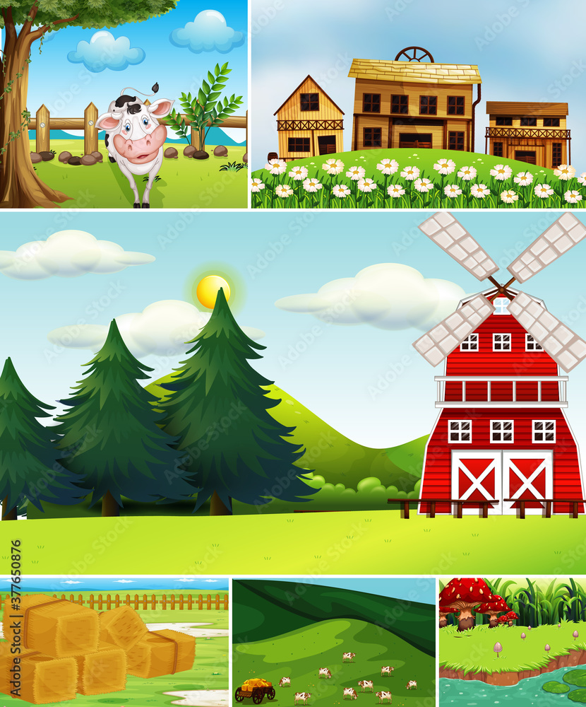 Set of different farm scenes cartoon style